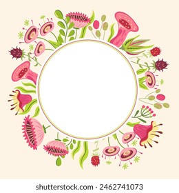 Cottagecore round frame with pink wild flowers. Vector card with fairy plants in cartoon style on light yellow background. Lovely hand drawn floral illustration surreal vintage design 60s, 70s style.