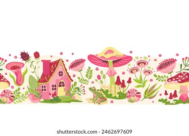 Cottagecore seamless border with house, mushrooms, flowers. Vector fairy tale with fly agaric in cartoon style. Forest magic illustration surreal design with fun cottage, fungi and toadstools