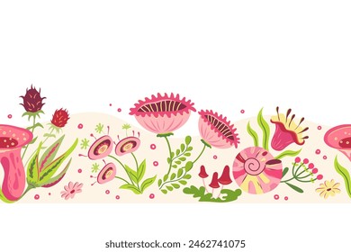 Cottagecore seamless border with shell and wild flowers. Vector fairy pink flower meadow illustration in cartoon style. Lovely hand drawn horizontal floral magic pattern surreal vintage design 60s 70s