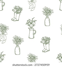 Cottagecore patrón sin fisuras con garabatos dibujados a mano coqueta. Diseño de elegancia de jardinería. Impresión CottageCore de Antiguas para tela