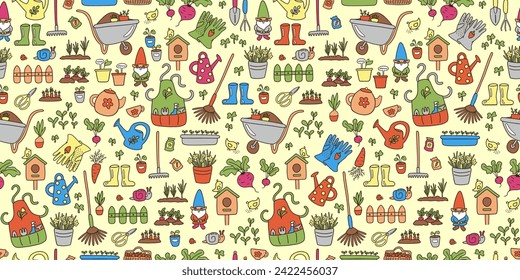 Cottagecore seamless pattern gardening theme. Cute garden tools. Countryside sustainable living vector illustration. Cozy spring summer repeat design. Rural eco garden and sustainability concept. 