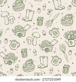 Cottagecore patrón sin fisuras con coqueta verde dibujado a mano garabatos. Diseño de elegancia de jardinería. Impresión CottageCore de Antiguas para tela