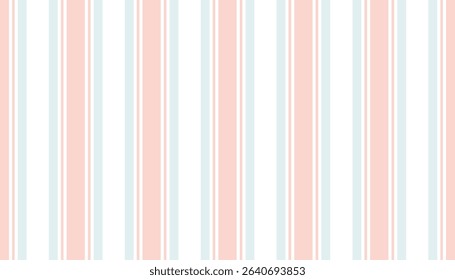 Cottagecore seamless pattern with pastel pink and blue vertical stripe on white backdrop. Light, cozy design ideal for textile, paper goods, backgrounds, and romantic countryside themes.