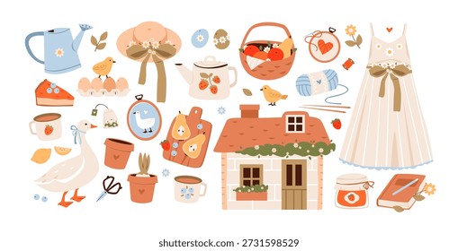 Cottagecore Spring Set mit gemütlichem Cottage House, Gans, Garten- und Küchenelementen. Gemütliche cottagecore Lifestyle mit Blumen, Erdbeeren, Garn und handgemachten Accessoires für langsames Leben.