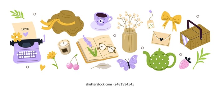 Cottagecore stickers set. Romantic lifestyle scrapbooking collection. Tea, picnic, books and other rural vintage elements. Modern cartoon concept. Vector illustration.