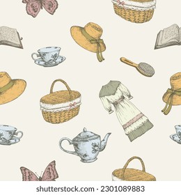 Cottagecore style items seamless vector pattern. Hand Drawn Colorful Vector Illustrations Background. Countryside Recreation and Picnic Doodle goods wallpaper. Isolated