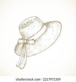 Cottagecore style rural hat with ribbon band. Hand Drawn Sketch Vector Illustration. Countryside Recreation and Picnic Headwear Doodle Item. Isolated