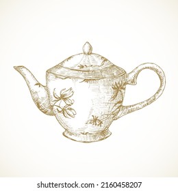 Cottagecore style tea pot. Hand Drawn Sketch Vector Illustration. Countryside Recreation and Picnic Doodle Item. Isolated