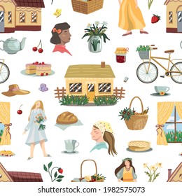 Cottagecore theme vector seamless pattern. Cute girls, cozy cottage, homemade baking, flowers, berries. Colorful cartoon ornament. For design fabric, textile, background, wallpaper, print, decor, wrap