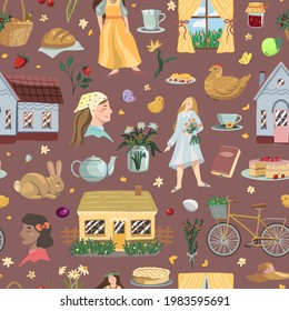 Cottagecore theme vector seamless pattern. Cute girls, cozy cottage, homemade baking, flowers, berries. Colorful cartoon ornament. For design fabric, textile, background, wallpaper, print, decor, wrap