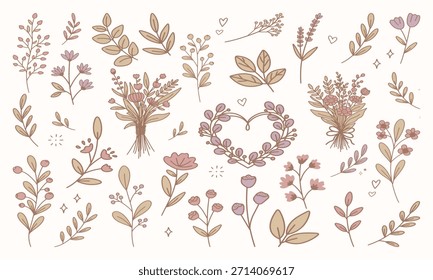 Cottagecore Valentine Floral Elements, a soft cottagecore-inspired Valentine illustration set featuring wildflowers, delicate stems, soft hearts, sparkles, and botanical romantic elements