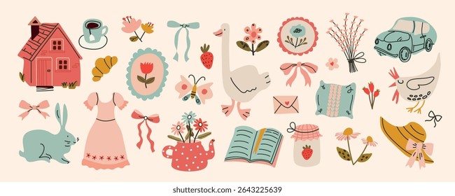 Cottagecore vector set with cute flat elements. Hand drawn flowers, bows, barn, goose, chicken, butterfly, dress, book. Spring and summer country lifestyle. Farm, garden, nature theme. 