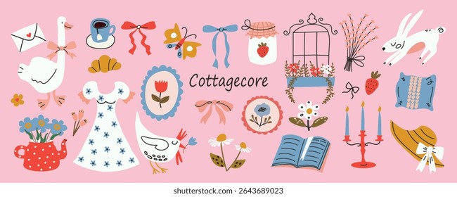 Cottagecore vector set with cute flat elements. Hand drawn flowers, bows, barn, goose, chicken, butterfly, dress, book. Spring and summer country lifestyle. Farm, garden, nature theme. 