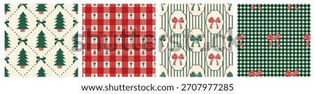 Cottagecore Vintage Christmas seamless pattern set with plaid, stripes, bows and trees in red, green and off-white tones. Holiday background for fabric, gift wrap, stationery, scrapbooking.