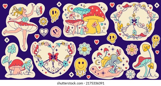 Cottagecore Vintage Floral Stickers of flowers, mushrooms, agaric, fungi, forest fairy, peace and love symbols, positive dripping characters in trendy fun 70's style. Spring blooming graphic