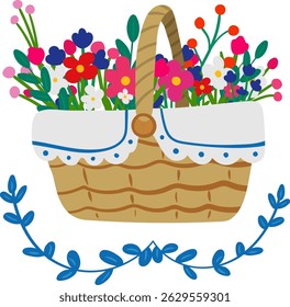 cottagecore wicker basket with wildflowers isolated vector illustration – floral retro decoration for cards, textiles, packaging, spring and summer designs