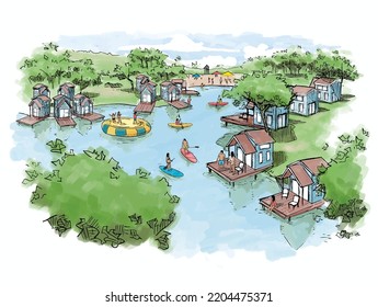 cottages, bungalow, resort,hotel by the lake as a summer vacation destination for family and friends. people having fun playing in water buoys, canoeing, paddling, etc. for airbnb, the innkeeper svg
