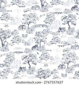 Cottages, castles among the trees, stone bridges in the pond, country blue toile de Jouy for wallpaper, fabric.