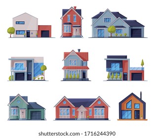 Cottages Facades Collection, City or Country Street Buildings, Modern Residential Houses Real Estate Flat Vector Illustration