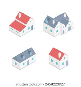 Cottages isometric. Houses small villages residential towns facades garish vector buildings. Private houses set isolated isometry icons on white background.