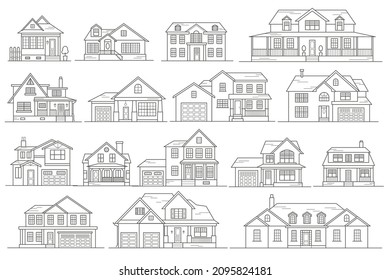 Cottages of neighborhood the city, the houses of the suburbs residential area. Low-rise buildings of the village. Set of outline vector illustration