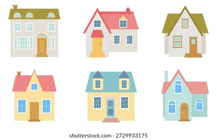 Conjunto de cabañas aisladas sobre un fondo blanco. Ilustración vectorial en estilo plano. Icono coloreado de casa de campo, edificio, casa suburbana.