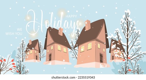 Cottages under the snow surrounded by trees. A cozy Christmas village. Winter snowy landscape in winter time. Happy Christmas holidays. Vector banner or greeting postcard.  