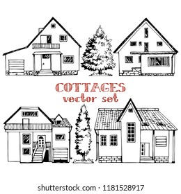 Cottages vector set, sketches for design and illustration.