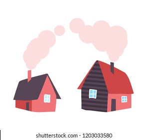 Cottages With Window And Door, Rural Dwellings In Countryside, Brick Home Icons, Traditional Village Houses Isolated On White. Smoke From Chimney Pipes