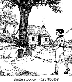 The Cotter's Saturday Night, this scene shows two little girls came out from house and walking towards father who came from outside and holding stick in hand, vintage line drawing or engraving