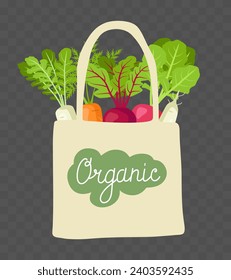 Bolsa de algodón con verduras. Ilustración vectorial.