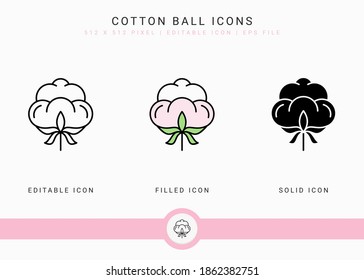 Los iconos de la bola de algodón establecen la ilustración vectorial con estilo de línea de icono sólido. Concepto de flor de algodón. Icono de trazo editable en fondo aislado para diseño web, interfaz de usuario y aplicación móvil