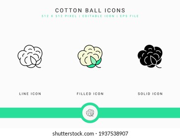 Cotton Ball Icons Set Vector Illustration With Solid Icon Line Style. Cotton Flower Concept. Editable Stroke Icon On Isolated Background For Web Design, User Interface, And Mobile Application