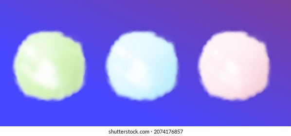 Pom de bola de algodón o colecta de nubes blancas redondas aisladas en fondo morado. Bolas de algodón verdes, azules y rosas. Plantilla de elemento de moda coloreada vectorial.