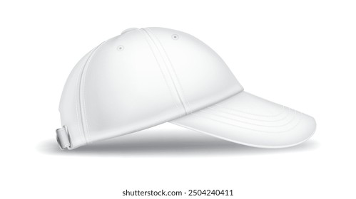 Cotton baseball cap realistic vector illustration. Casual fashion. Mockup sports headwear side view 3d object on white background