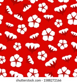 Cotton bloom seamless pattern. Warm red winter floral surface design. Vector stock illustration background. Decorative texture Merry Christmas print wallpaper, fabric, card backdrop