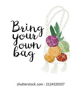 Cotton boho style bag with fresh vegetables. Bring your own bag slogan. Hand drawn isolated vector illustration