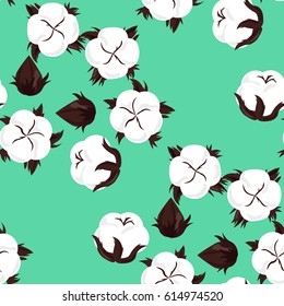 Cotton bolls on a mint green background. Floral ornament. Seamless pattern. Universal print for fabric, wrapping paper, wallpaper. Vector illustration EPS 8