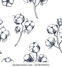 Cotton botanical hand drawn seamless pattern Isolated vector illustration. Cotton sketch template for card design, invitation, packaging, label, poster, print, party, holiday decor. Engraving style