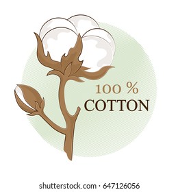 Cotton branch. 100% eco. Cotton flower. Botanical art isolated on white background. Use for printing, poster, decoration and other design. Logo. Vector illustration.