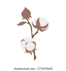Cotton branch with buds. Cotton flower for wedding invitation, greeting card, label, logo, branding. Natural, eco, organic, softness, cleanliness, high quality concepts. Flat elegant illustration.