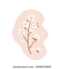 Cotton branch and flowers composition isolated on white background. Purity, innocence, and new beginnings symbol. Vector hand drawn flat illustration