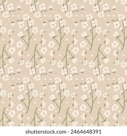 Cotton branch with flowers retro seamless pattern. Organic plant endless background. Soft organic fabric symbols repeat cover. Vector hand drawn flat illustration