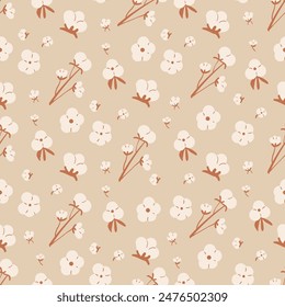 Cotton branch with flowers seamless pattern. Purity, innocence, and new beginnings symbols endless background. Organic plant of cotton with ripe bolls repeat cover. Vector hand drawn flat illustration