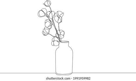 Cotton branch in vase. Continuous line drawing. Modern minimalist art. Vector illustration.