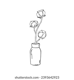Cotton branch in vase. Vector illustration of home decore. Isolated on white background. 