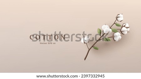 Cotton branch with white soft blooming plant flower 3d render illustration with blossom and leaves.