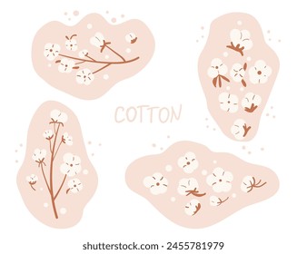 Cotton branches and flowers composition set isolated on white background. Purity, innocence, and new beginnings symbol. Vector hand drawn flat illustration