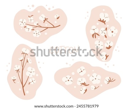 Cotton branches and flowers composition set isolated on white background. Purity, innocence, and new beginnings symbol. Vector hand drawn flat illustration