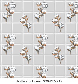 Cotton branches on tiles.Vector seamless pattern with cotton branches on white tiles.